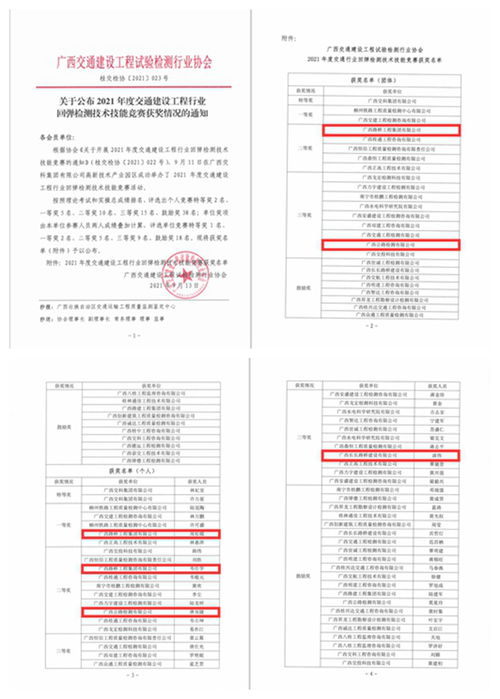 广西路桥集团在2021年度交通建设工程行业回弹检测技术技能竞赛中荣获佳绩